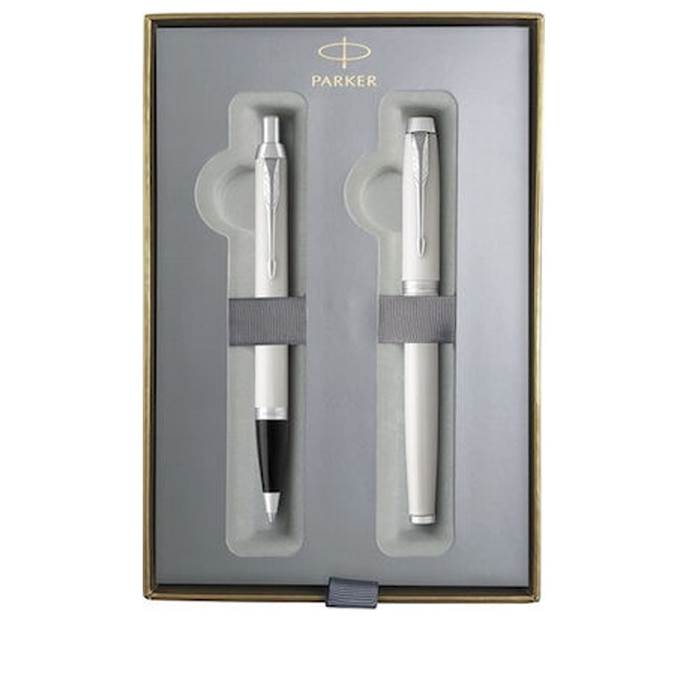 Set pix si stilou, White Lacquer CT, Parker, finisaje din Crom
