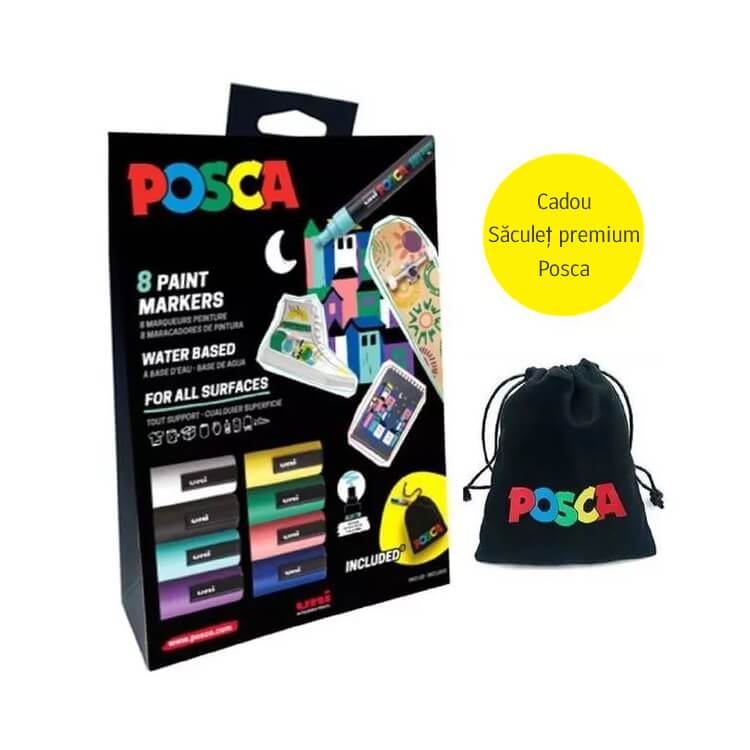 SET 8 MARKERE POSCA PC-5M IN CUTIE DE CARTON+SACULET M1558